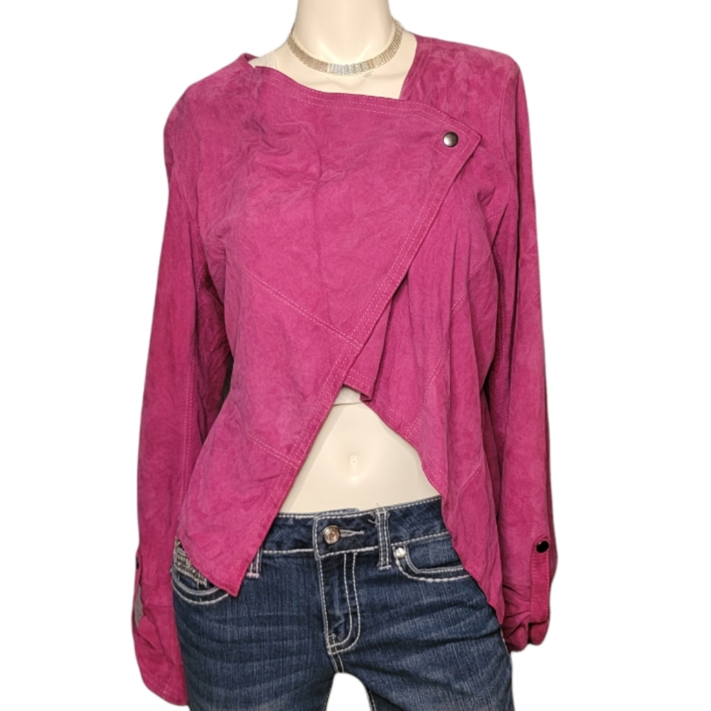 Elements by Vakko 100% Goat Suede Fusia Shacket, Asymmetrical Hem, size M